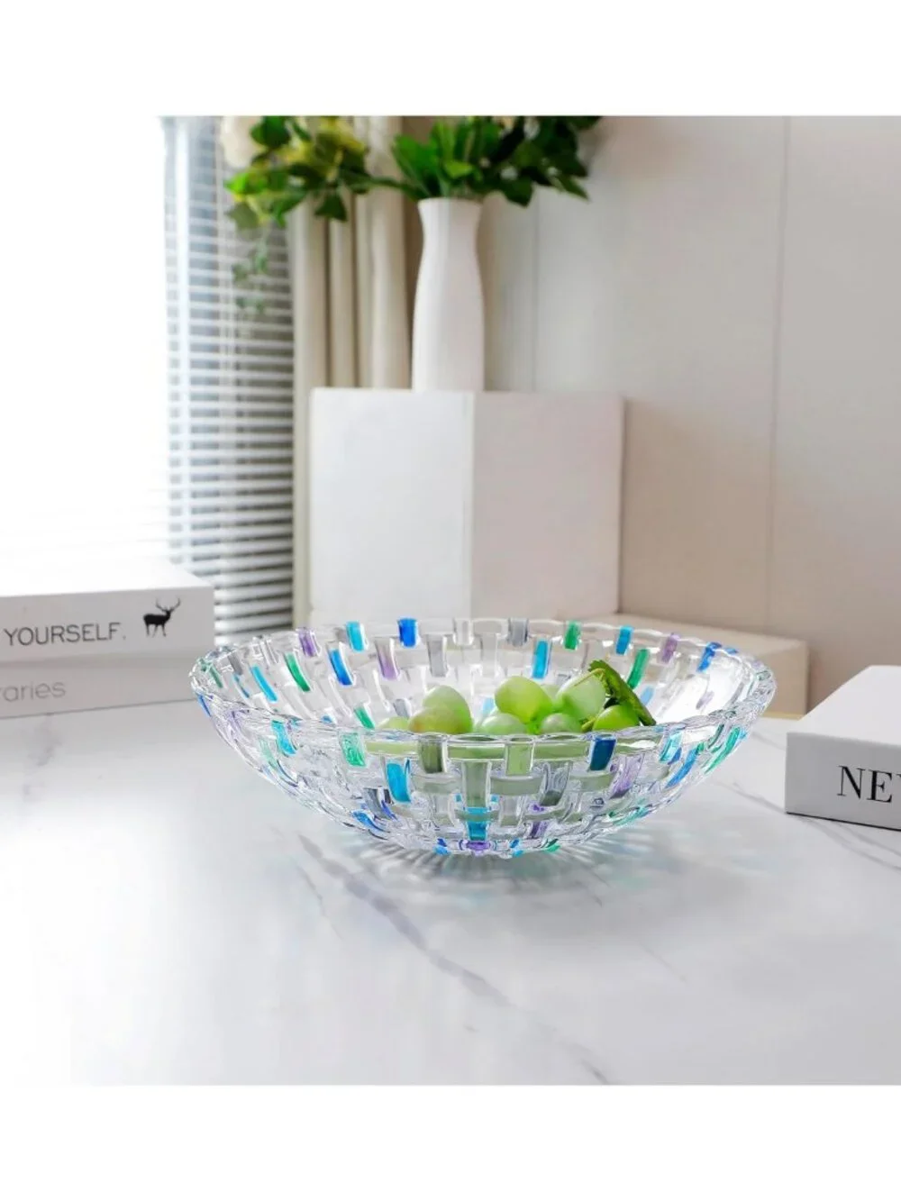 Hand Painted Blue Woven Glass Crystal Bowl - Decorative Centerpiece for Home